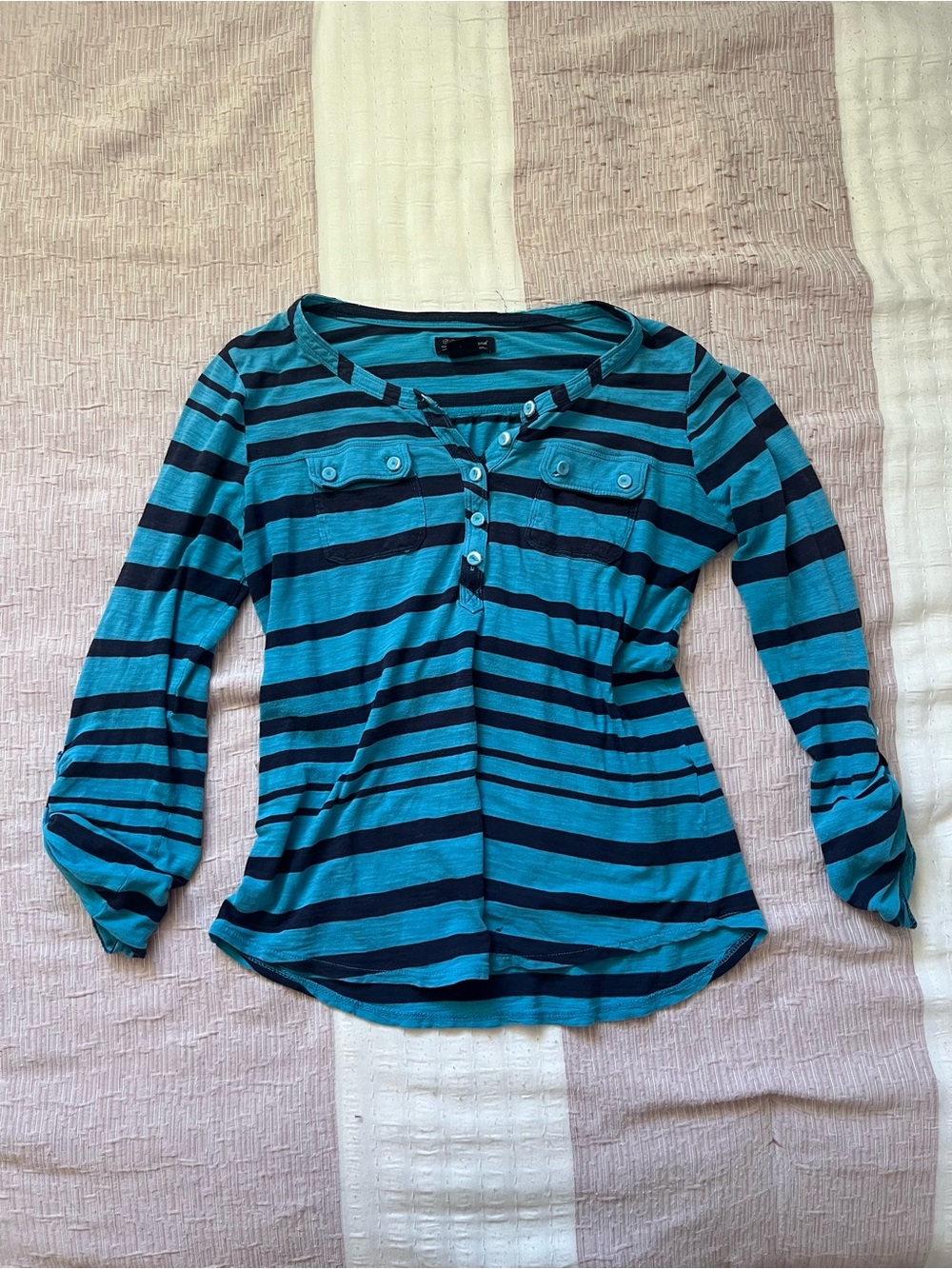Y2K 2000s Lucky Brand Blue Striped Cotton Henley Size Small